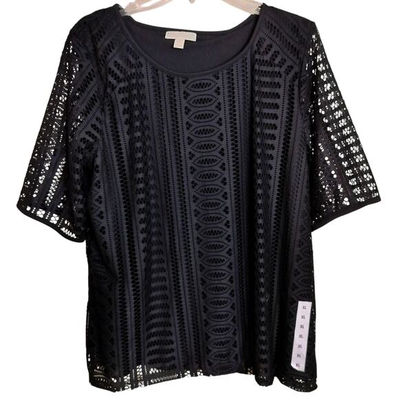 4373) Dana Buckman Black Eyelet Short Sleeve Overlay Blouse XL - Picture 1 of 10